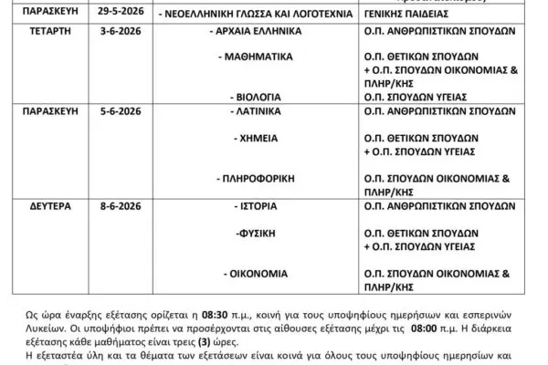 Πρόγραμμα Πανελλαδικών Εξετάσεων 2026